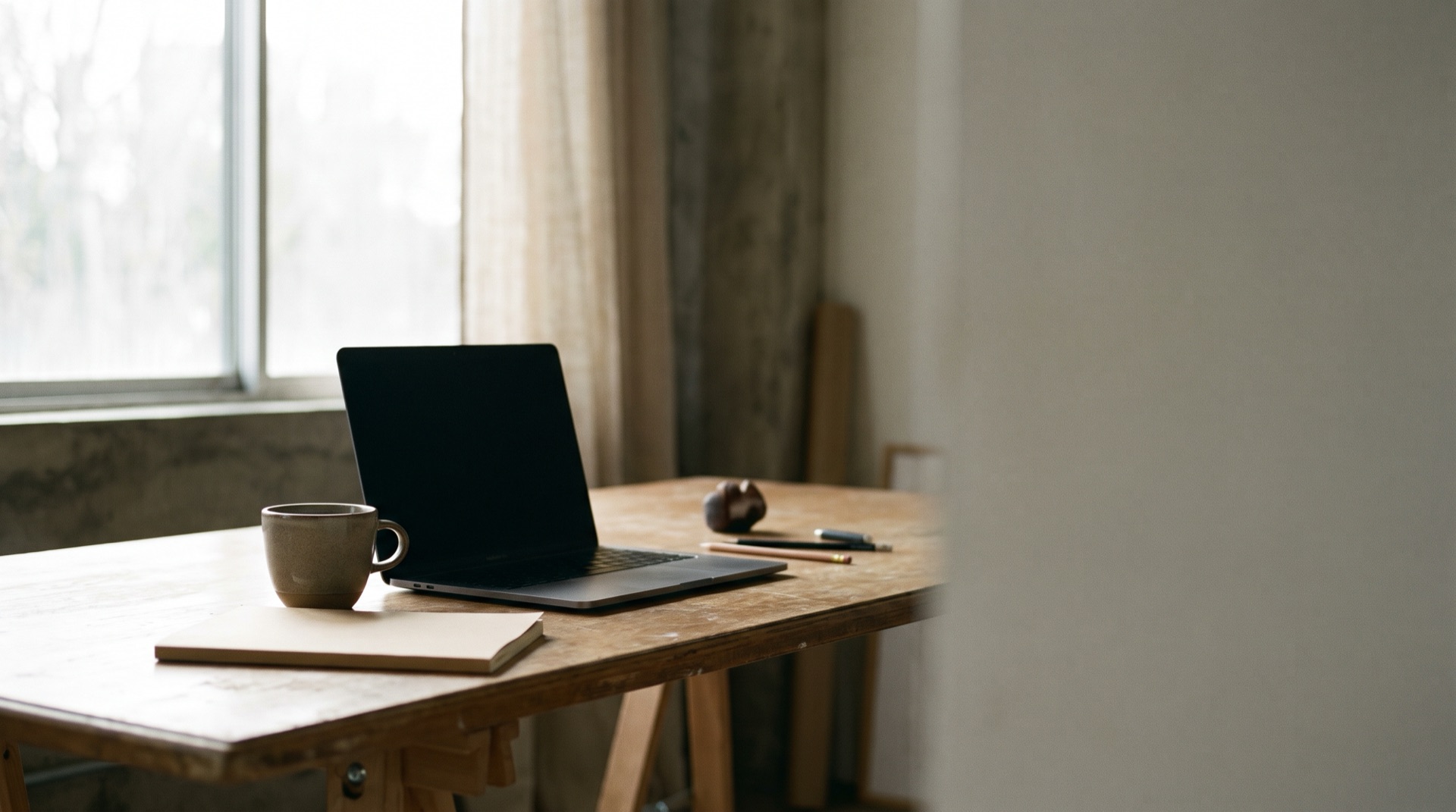 Sabah ışığında bir stüdyo masası: açık laptop, kahve, defter.